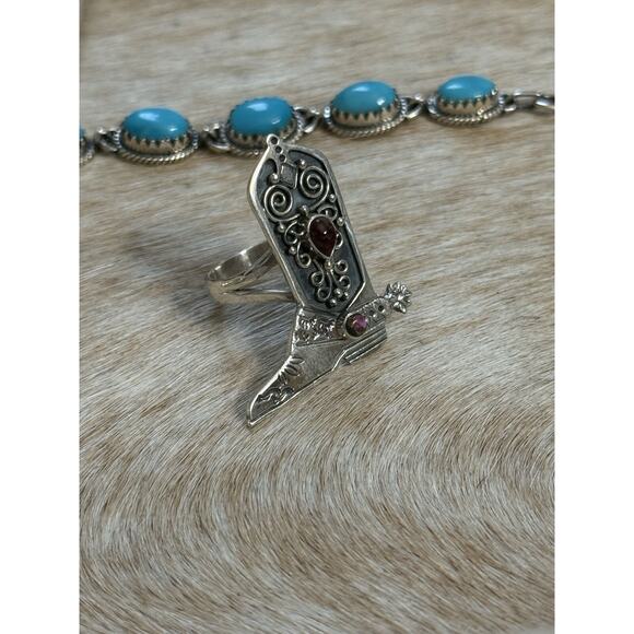 Native American SW Sterling Red Rose Pink Dahlia Western Cowboy Barbie Boot Ring - Picture 9 of 12